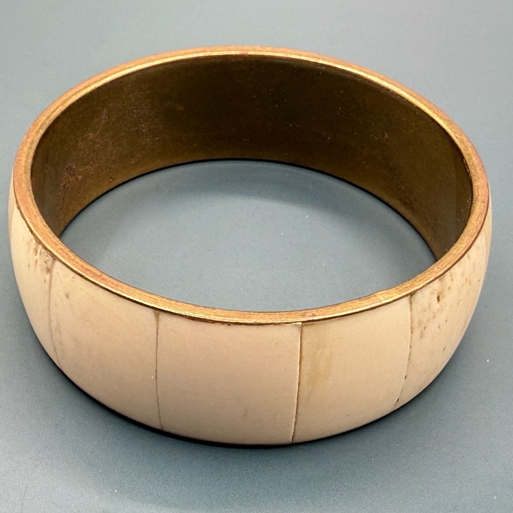 Wide Cream Bone Inlay Brass Tone Bangle Bracelet Chunky Statement Vintage India